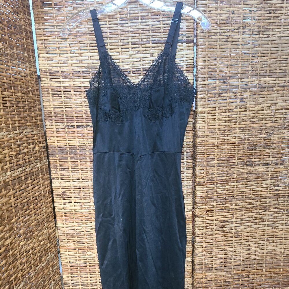 VTG 50s Laros Black Slip Silky Nylon Lace Bodice Trim Adjustable Straps 34 Tall